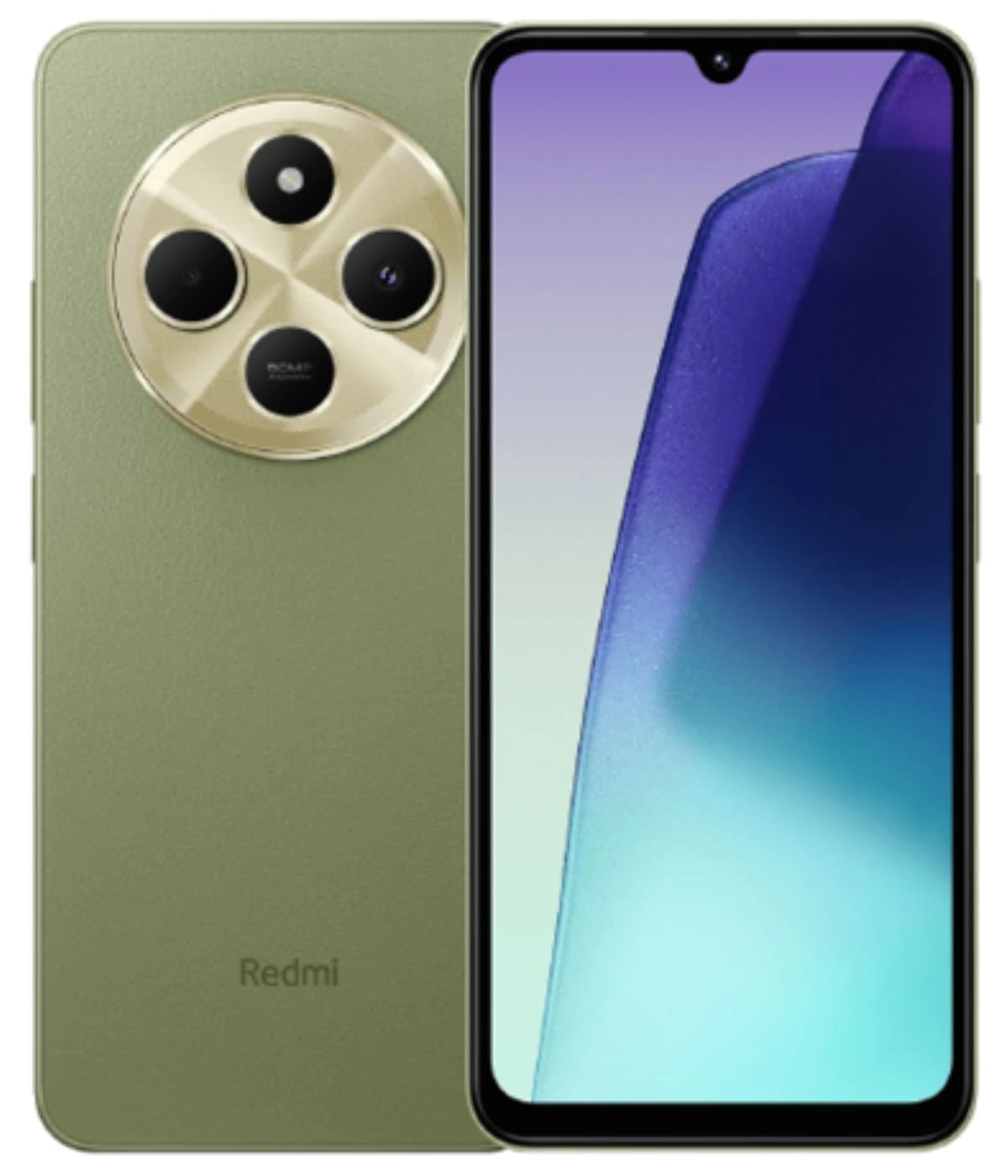 Redmi 14C smartphone in olive green color featuring a sleek design, a large display with a waterdrop notch, and a unique circular camera module with four lenses on the back. The brand name 'Redmi' is visible on the rear.