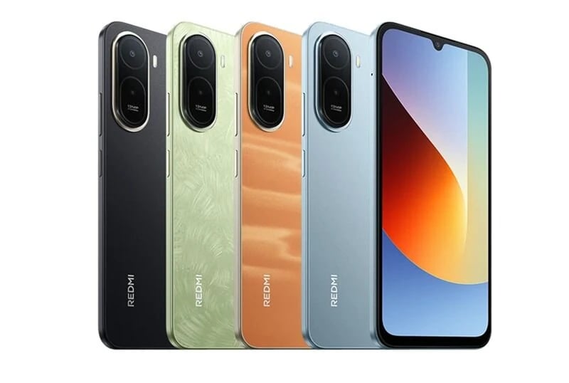 Redmi A7 Pro smartphone lineup featuring four color variants: sleek black, vibrant green, stylish orange, and elegant blue. Each phone showcases a dual-camera setup and a modern design with a notch display.