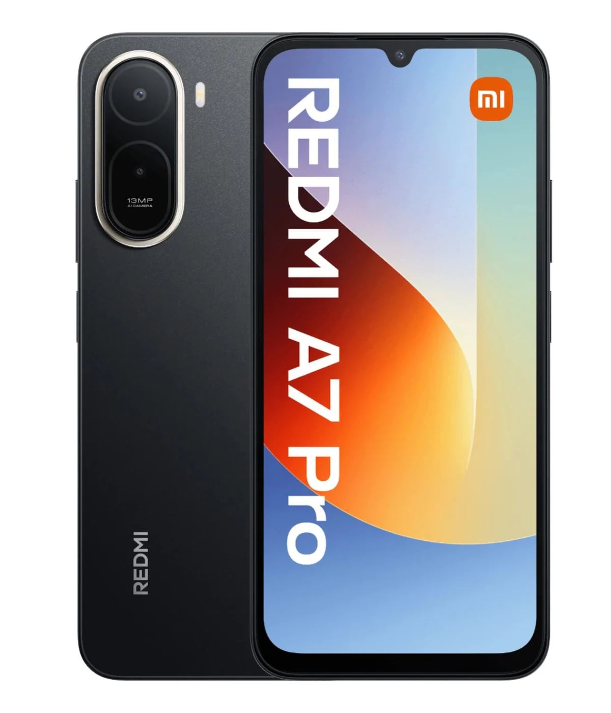 Redmi A7 Pro smartphone by Xiaomi featuring a sleek black design, 13MP dual camera setup, and vibrant display showcasing the product name. Ideal for tech enthusiasts seeking performance and style.