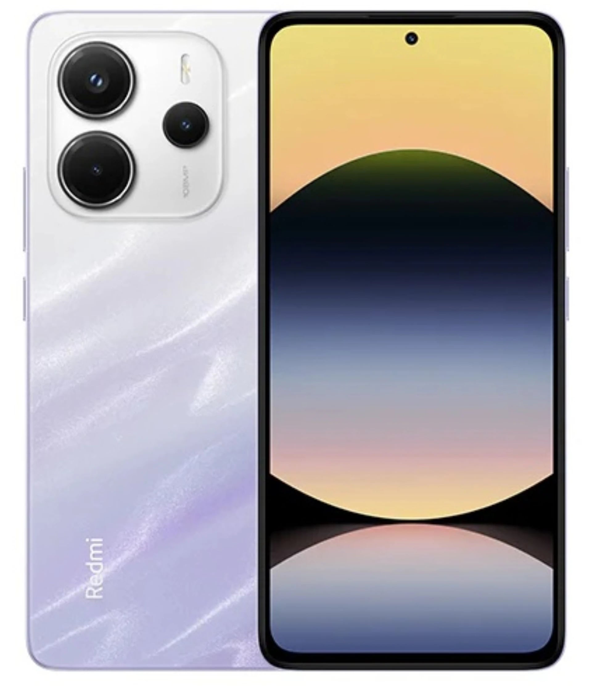 Redmi Note 14 smartphone featuring a sleek design with a gradient purple and white back, dual camera setup, and a vibrant display showcasing a sunset gradient. The device is shown from the front, highlighting its modern aesthetics.