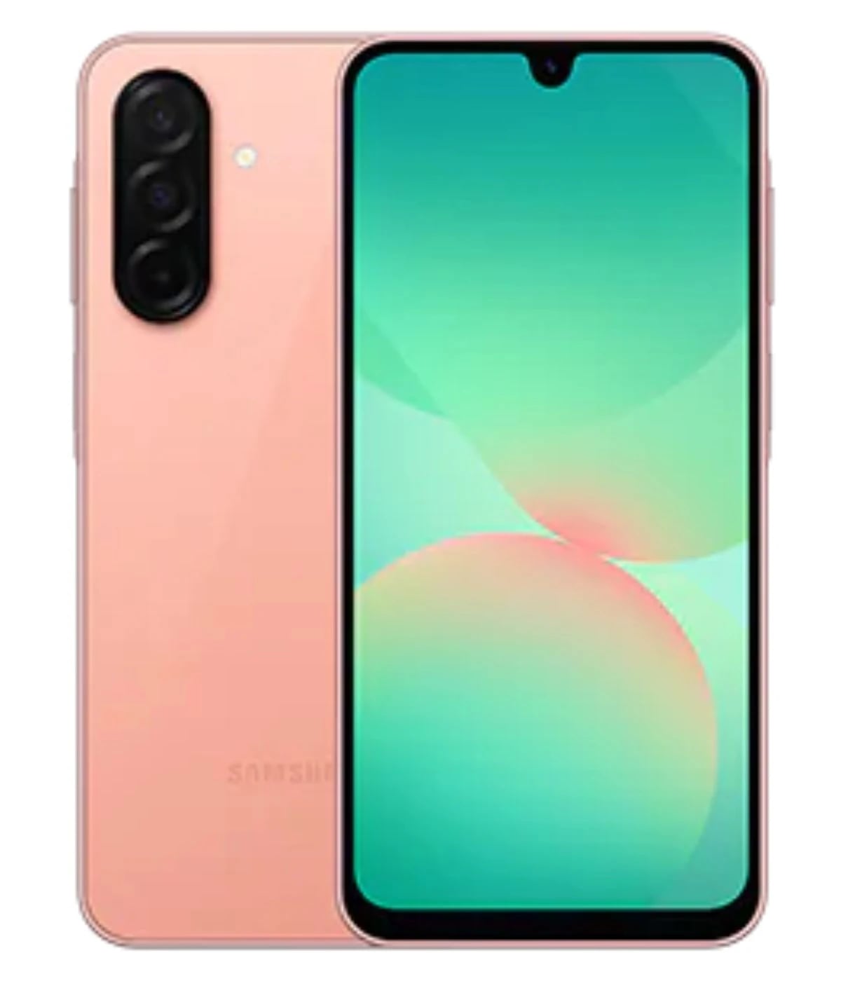 Samsung Galaxy A19 smartphone in a soft pink color featuring a vibrant green and peach gradient display, dual rear cameras, and a sleek design. Ideal for everyday use with a modern aesthetic.