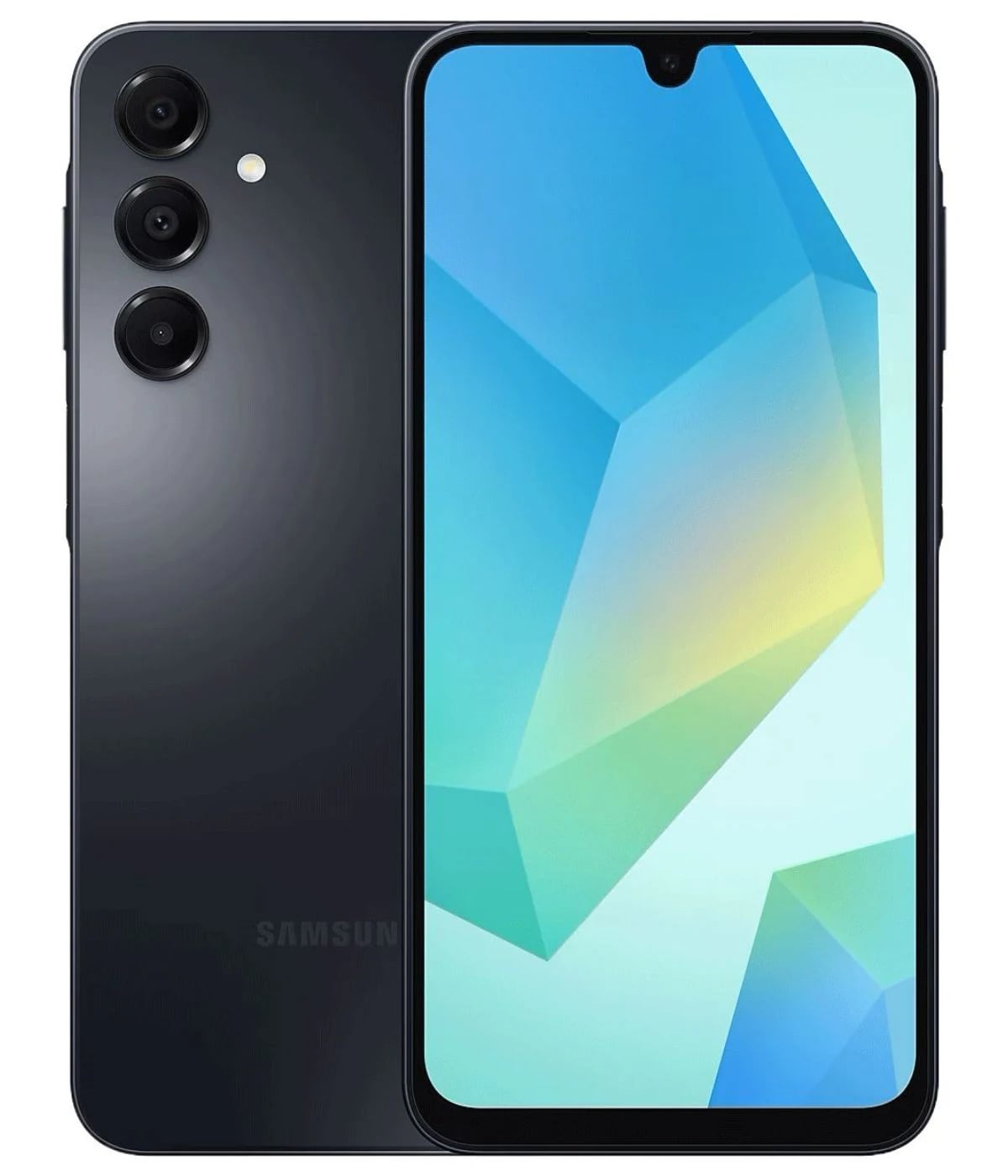 Samsung A58 smartphone in sleek black design featuring a vibrant display with geometric patterns, triple rear camera setup, and a modern notch display. Ideal for tech enthusiasts and everyday users.