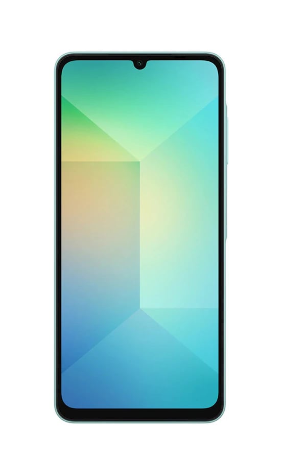 Samsung Galaxy A06 smartphone featuring a vibrant gradient display with shades of green and blue, sleek black bezels, and a modern design. Ideal for multimedia and everyday use.