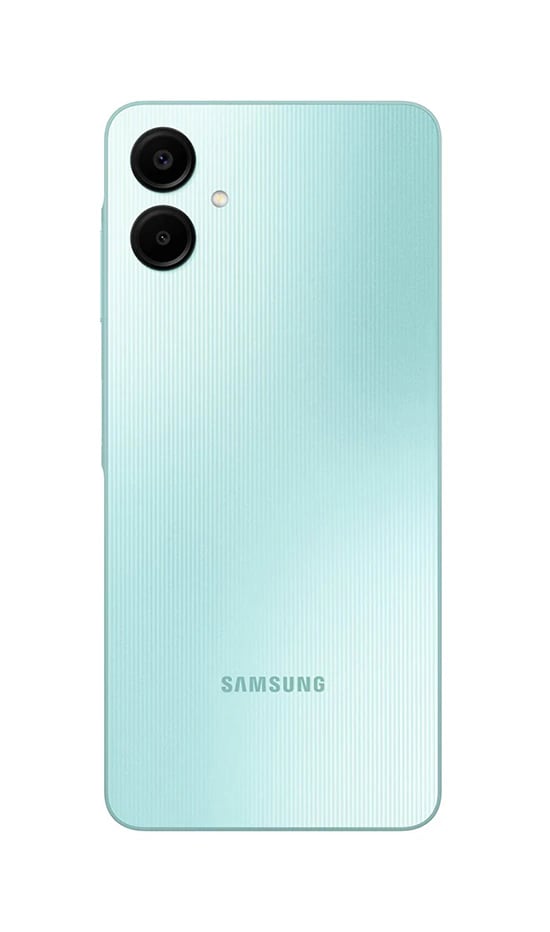 Samsung Galaxy A06 smartphone in a soothing mint green color with a textured back design. Features dual rear cameras and a sleek, modern aesthetic. Ideal for everyday use and stylish enough for any occasion.