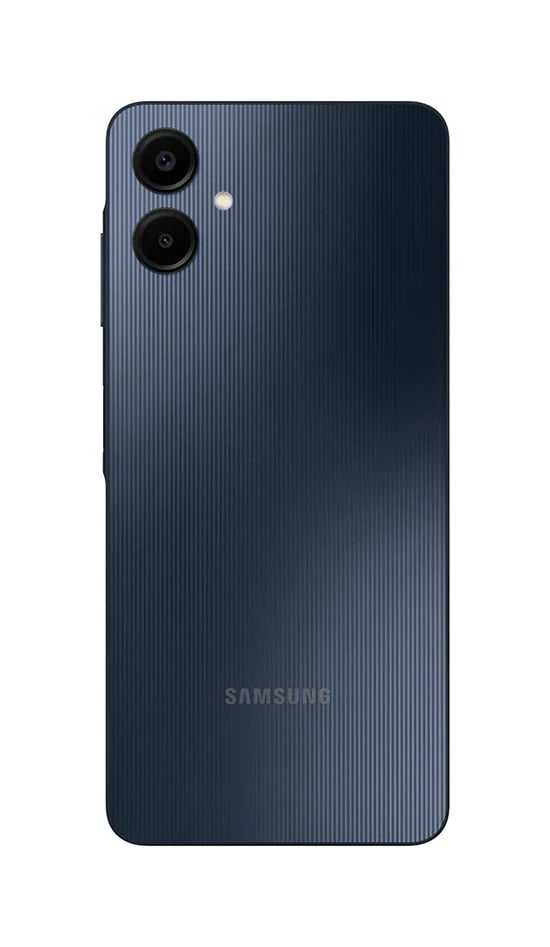 Samsung Galaxy A06 smartphone in dark blue color with a textured back design, featuring dual rear cameras and the Samsung logo. The device is shown from a rear view against a plain background.