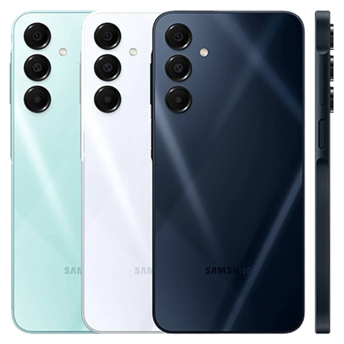 Samsung Galaxy A16 smartphone in three colors: mint green, white, and navy blue. Features a sleek design with a glossy finish and triple rear camera setup. Displayed against a plain background, showcasing the modern aesthetic.