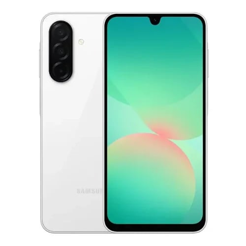 Samsung Galaxy A28 smartphone in white color featuring a sleek design, vibrant display, and triple rear camera setup. The front view showcases the large screen with a waterdrop notch, ideal for multimedia and gaming.