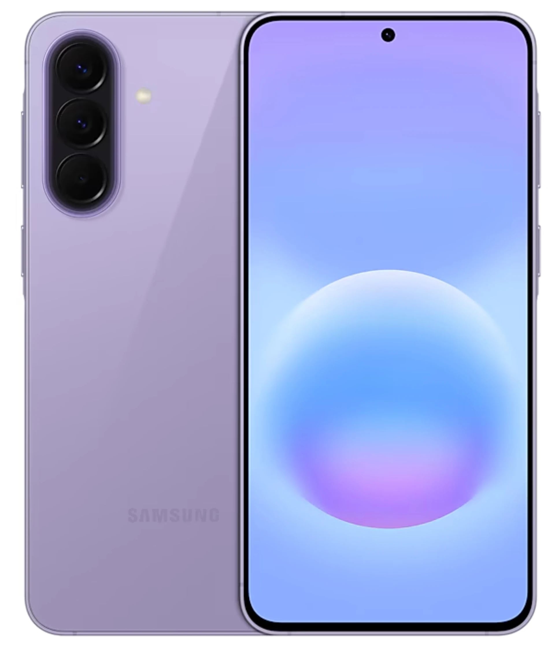 Samsung Galaxy A57 smartphone in a stylish lavender color featuring a sleek design, triple rear camera setup, and a vibrant display with a gradient background. The device showcases a modern aesthetic with minimal bezels.
