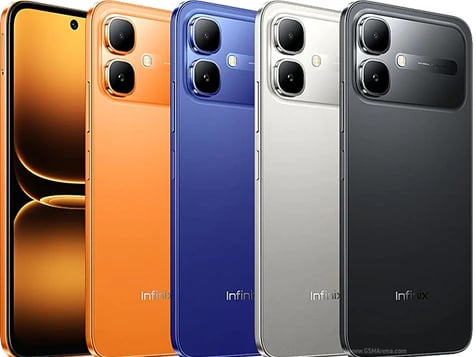 Infinix Smart 20 smartphones displayed in four vibrant colors: orange, blue, silver, and black. Each phone features dual rear cameras and a sleek design, showcasing the modern aesthetic of the Infinix brand.