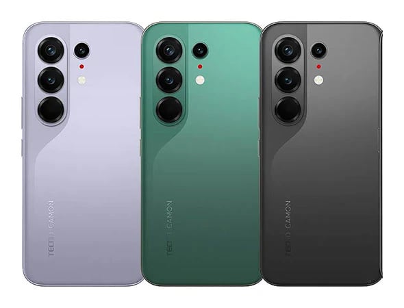 Tecno Camon 50 Pro smartphone in three stylish colors: lavender, green, and black. Each phone features a sleek design with a curved back, triple camera setup, and a modern aesthetic. Perfect for tech enthusiasts.