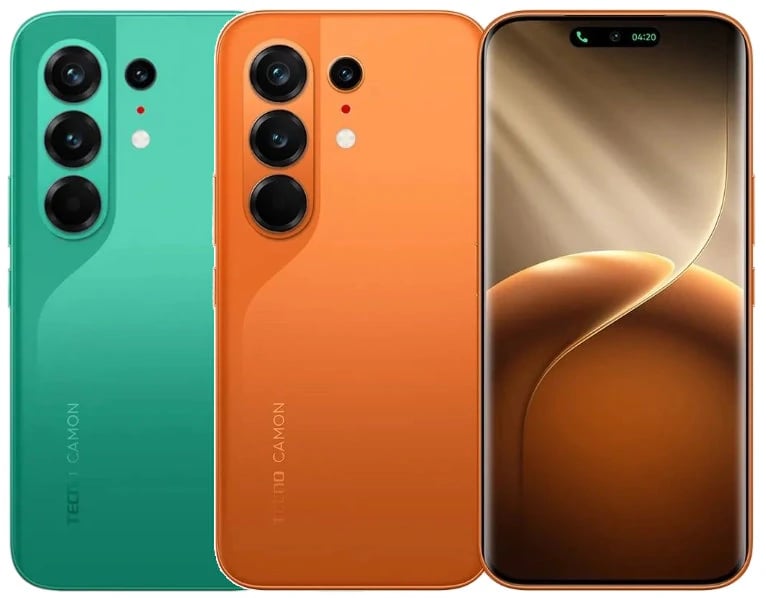 TECNO CAMON 50 Ultra smartphone in vibrant teal and orange colors, featuring a sleek design with triple rear cameras and a large display showcasing a smooth interface.