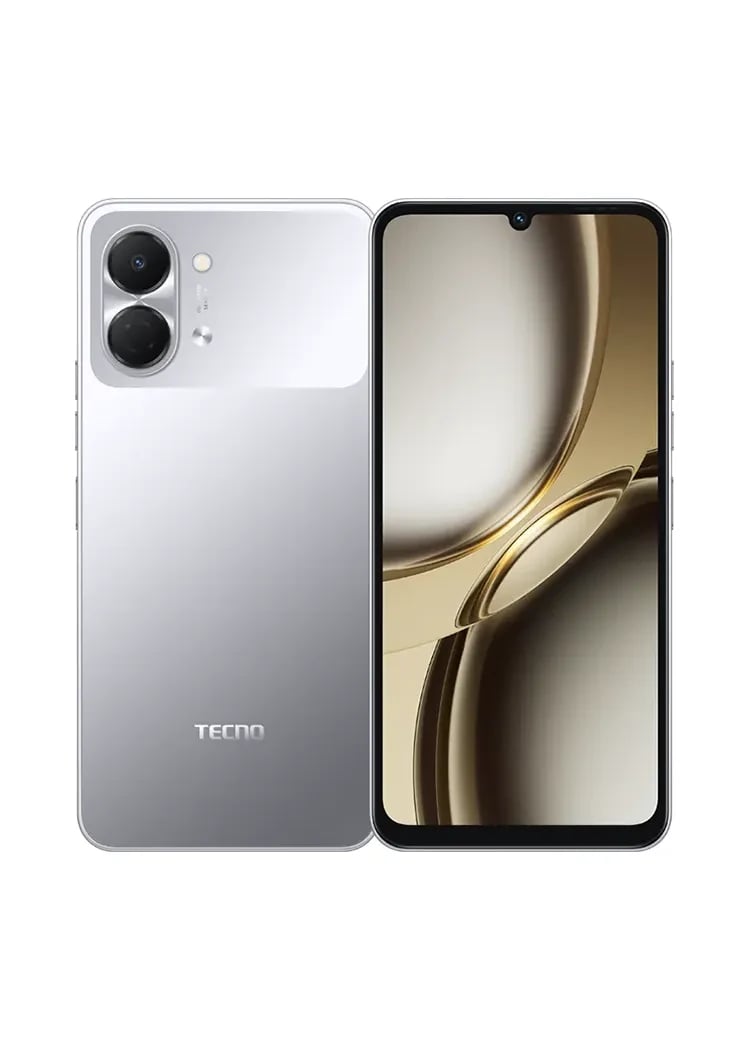 Tecno Spark Go 3 smartphone featuring a sleek silver design, dual rear cameras, and a vibrant display. The device showcases a modern aesthetic with a glossy finish and a minimalist look, perfect for tech enthusiasts.