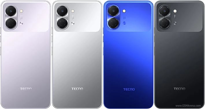 Tecno Spark Go 3 smartphone lineup showcasing four color variants: Lavender, Silver, Blue, and Black. Each model features a dual-camera setup and sleek design with a glossy finish.