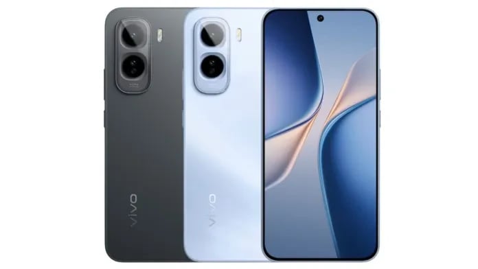 Vivo T5 Pro smartphone in two color variants: sleek black and elegant light blue. Features a dual-camera setup and a modern design with a large display. Perfect for tech enthusiasts seeking style and performance.