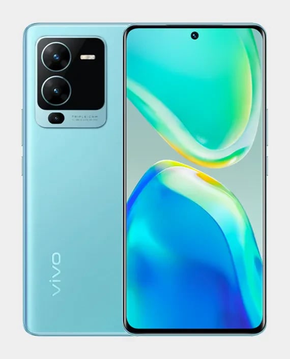 Vivo V26 Pro smartphone in a sleek blue color with a vibrant display and dual camera setup. The device features a modern design with a glass front and back, showcasing its premium build quality.