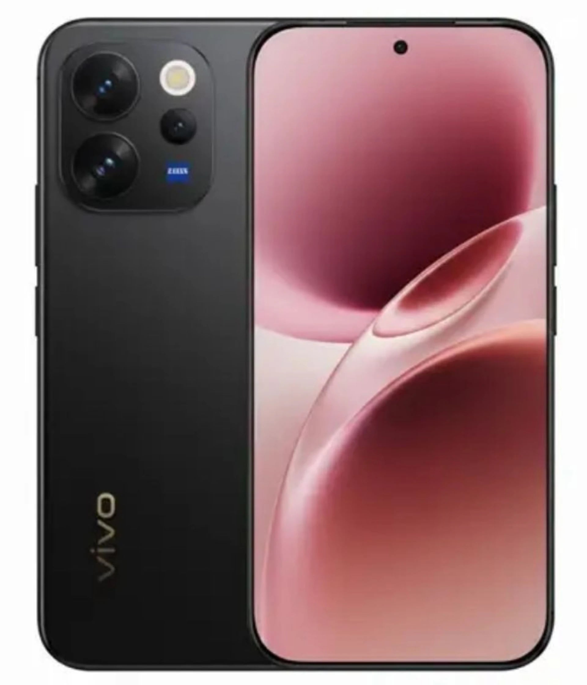 Vivo V70 smartphone in sleek black design featuring a vibrant display with a pink gradient background. The device showcases a triple-camera setup with ZEISS optics, emphasizing modern technology and style.