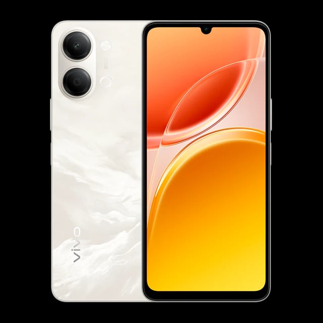 Vivo Y05 smartphone featuring a sleek white marble design, vibrant orange and yellow display, dual rear cameras, and a modern front view. Ideal for tech enthusiasts seeking style and performance.