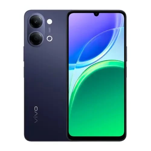 Vivo Y05 smartphone in navy blue featuring a sleek design, dual rear cameras, and a vibrant display with a green and blue gradient. Ideal for tech enthusiasts seeking style and functionality.