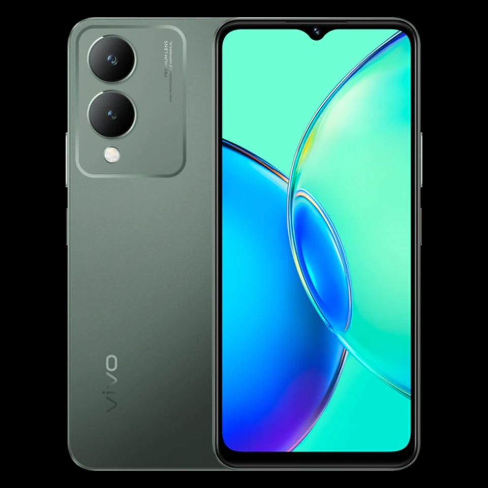 Vivo Y17s smartphone in Forest Green color featuring a dual-camera setup, 128GB storage, and 4GB RAM. The sleek design showcases a vibrant display with a waterdrop notch, set against a plain background.