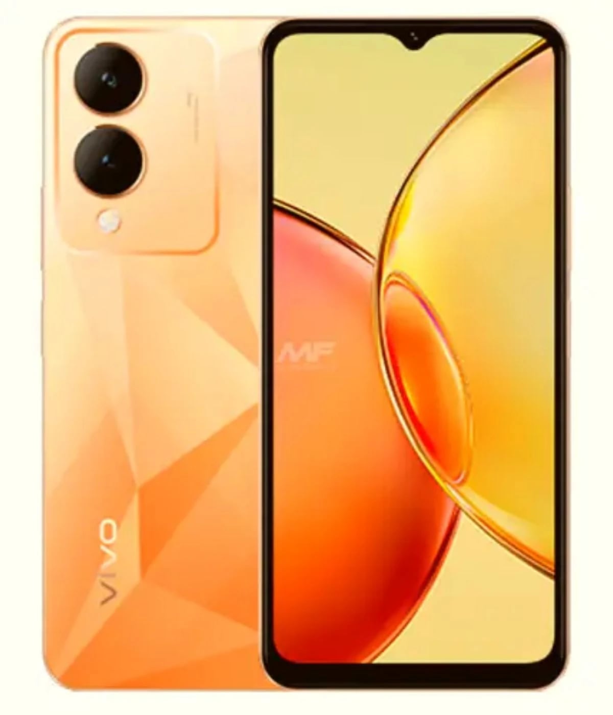 Vivo Y17s smartphone in a stunning orange color with a sleek design. Features a dual-camera setup on the back and a vibrant display showcasing a colorful interface. The device has a glossy finish and is presented against a plain background.