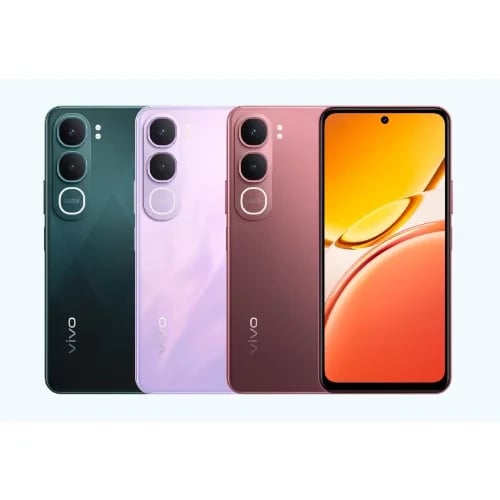 Vivo Y21d smartphone in three colors: dark green, lavender, and rose gold. Features dual rear cameras, sleek design, and a vibrant display. Ideal for photography and everyday use.
