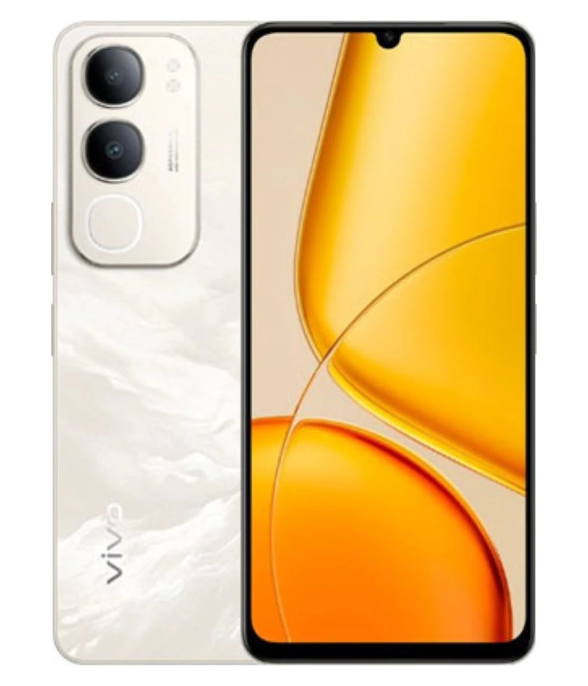 Vivo Y50 smartphone featuring a sleek design with a glossy white back and a vibrant yellow display. The device showcases dual rear cameras and a modern front design with a waterdrop notch. Ideal for tech enthusiasts seeking style and functionality.