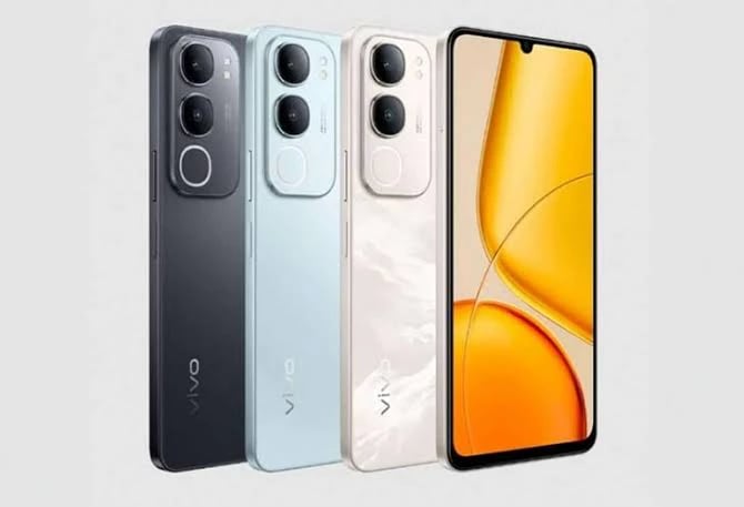 Vivo Y50 smartphone displayed in three colors: black, blue, and white. Features a sleek design with dual rear cameras and a vibrant front display showcasing a bright orange background. Ideal for tech enthusiasts.