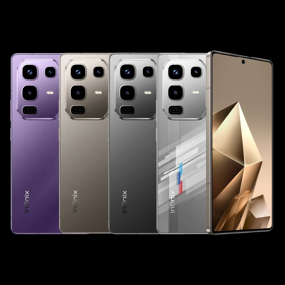Infinix Note 50 Pro smartphone family featuring four color variants: purple, gold, gray, and silver. Each phone showcases a sleek design with dual rear cameras and a modern aesthetic. The devices are displayed against a black background,…