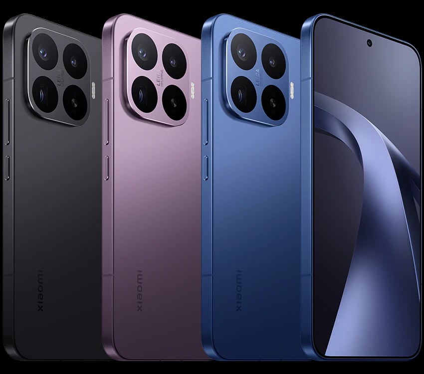 Xiaomi 17T Pro smartphone in three colors: black, purple, and blue. Features a sleek design with a triple camera setup and a vibrant display. Showcased against a dark background, highlighting its modern aesthetics.