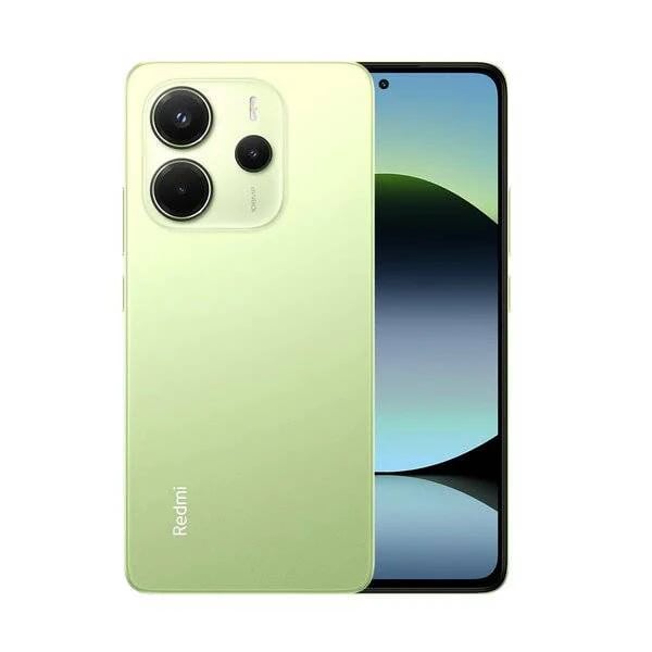 Xiaomi Redmi Note 14 smartphone in a soft green color, featuring a sleek design with a dual-camera setup on the back and a vibrant display on the front. The device showcases a modern aesthetic with rounded edges and a minimalist look.