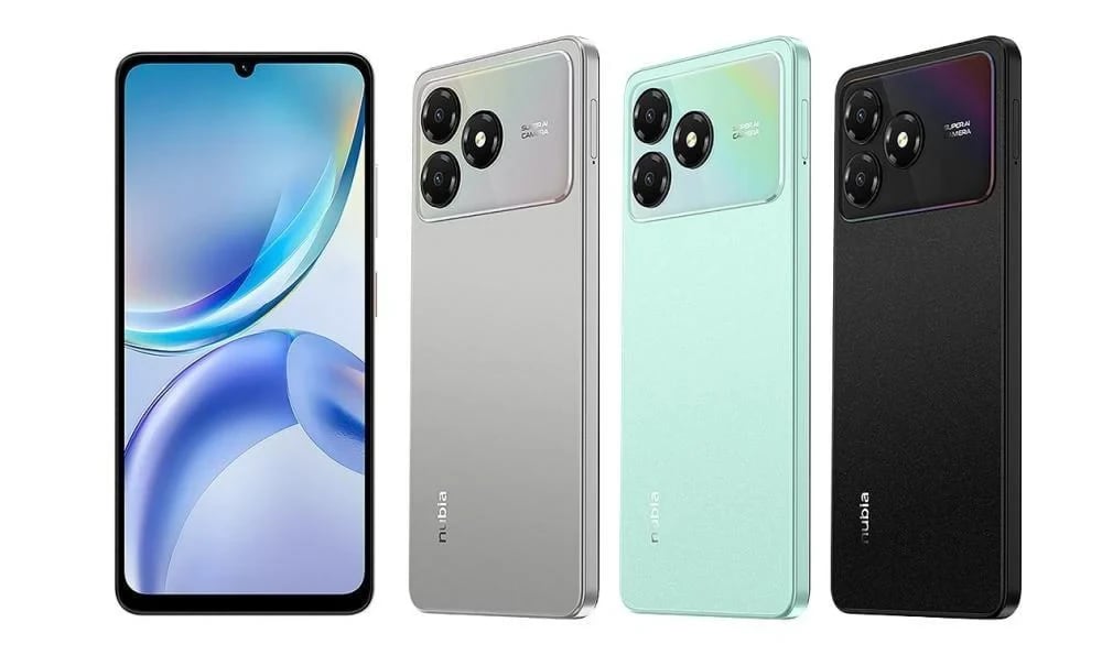 ZTE Nubia A36 smartphone showcasing three color variants: silver, mint green, and black. Each phone features a sleek design with a large display and dual rear cameras, emphasizing modern aesthetics.
