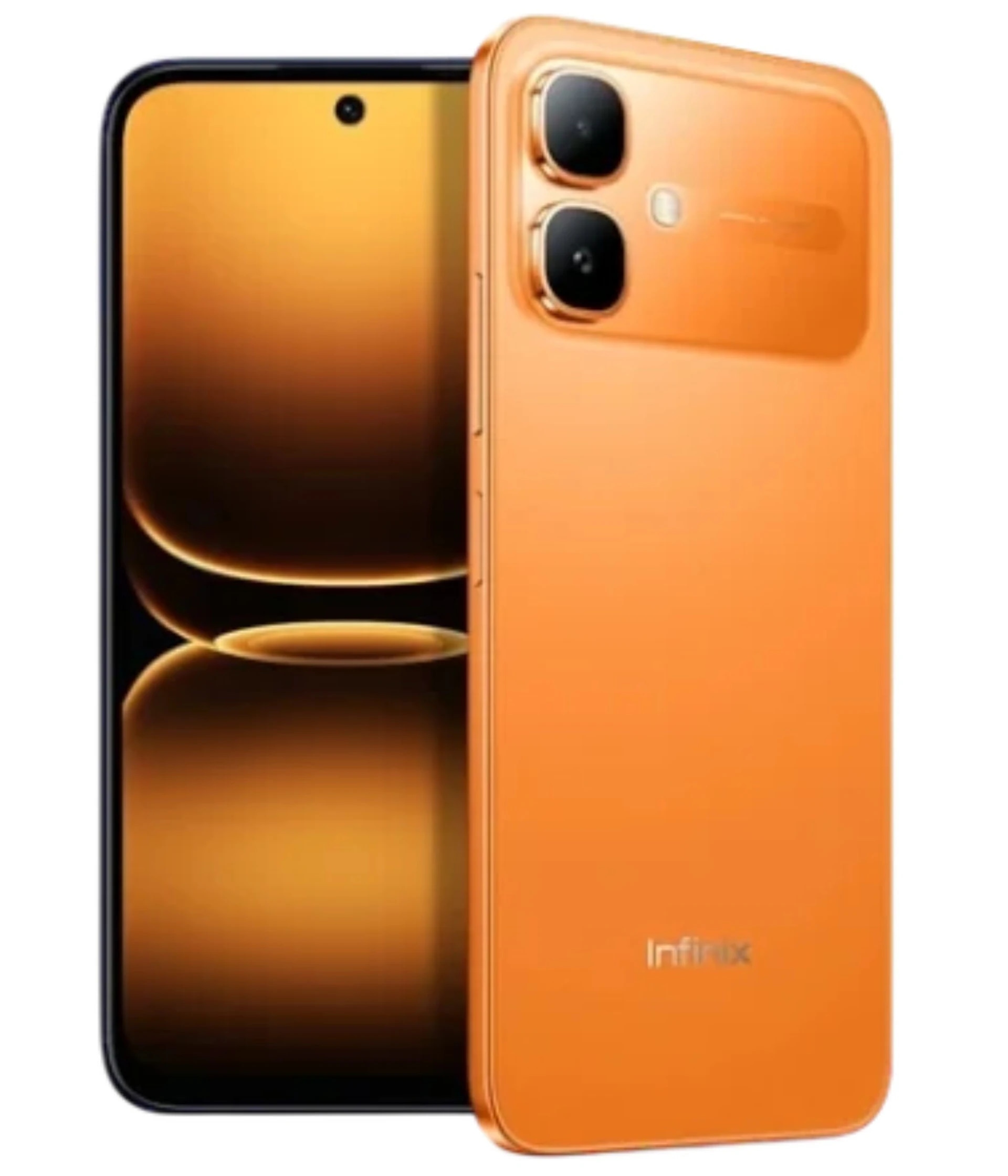 Infinix Smart 20 smartphone in vibrant orange color, featuring a sleek design with dual rear cameras and a large display. The phone showcases a modern aesthetic with a glossy finish, ideal for tech enthusiasts.