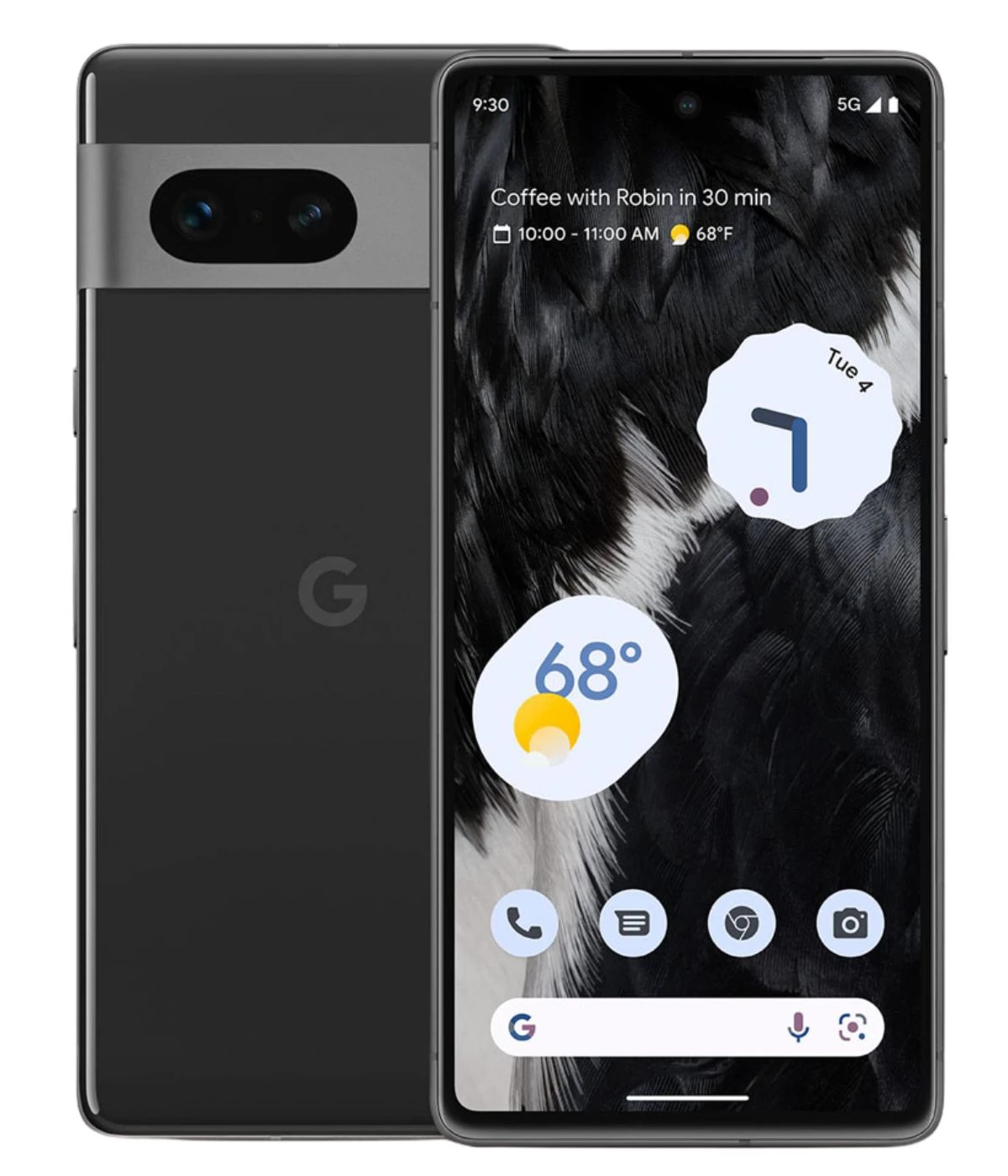 Google Pixel 7 smartphone in Obsidian color featuring a sleek design, dual rear camera setup, and vibrant display showing weather and calendar apps. The device is positioned against a plain background, highlighting its modern aesthetics.