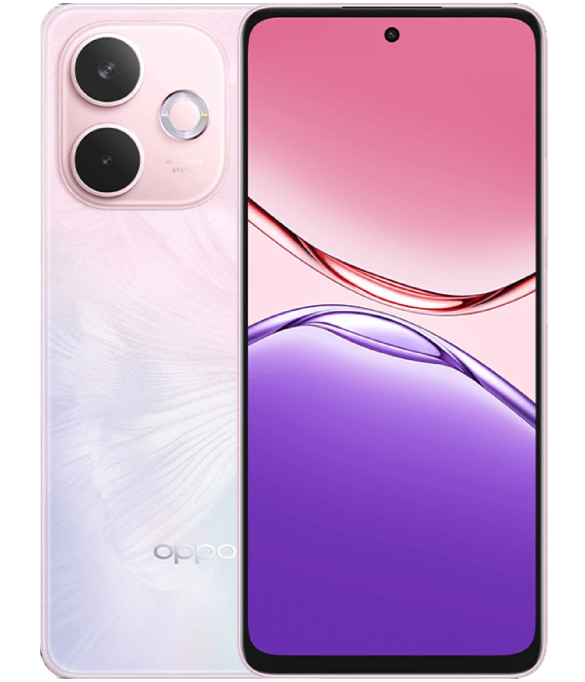 Oppo A5 Pro smartphone featuring a sleek design with a gradient pink and purple display. The back showcases a textured finish with dual camera setup. The device is front-facing, highlighting its vibrant screen and modern aesthetics.
