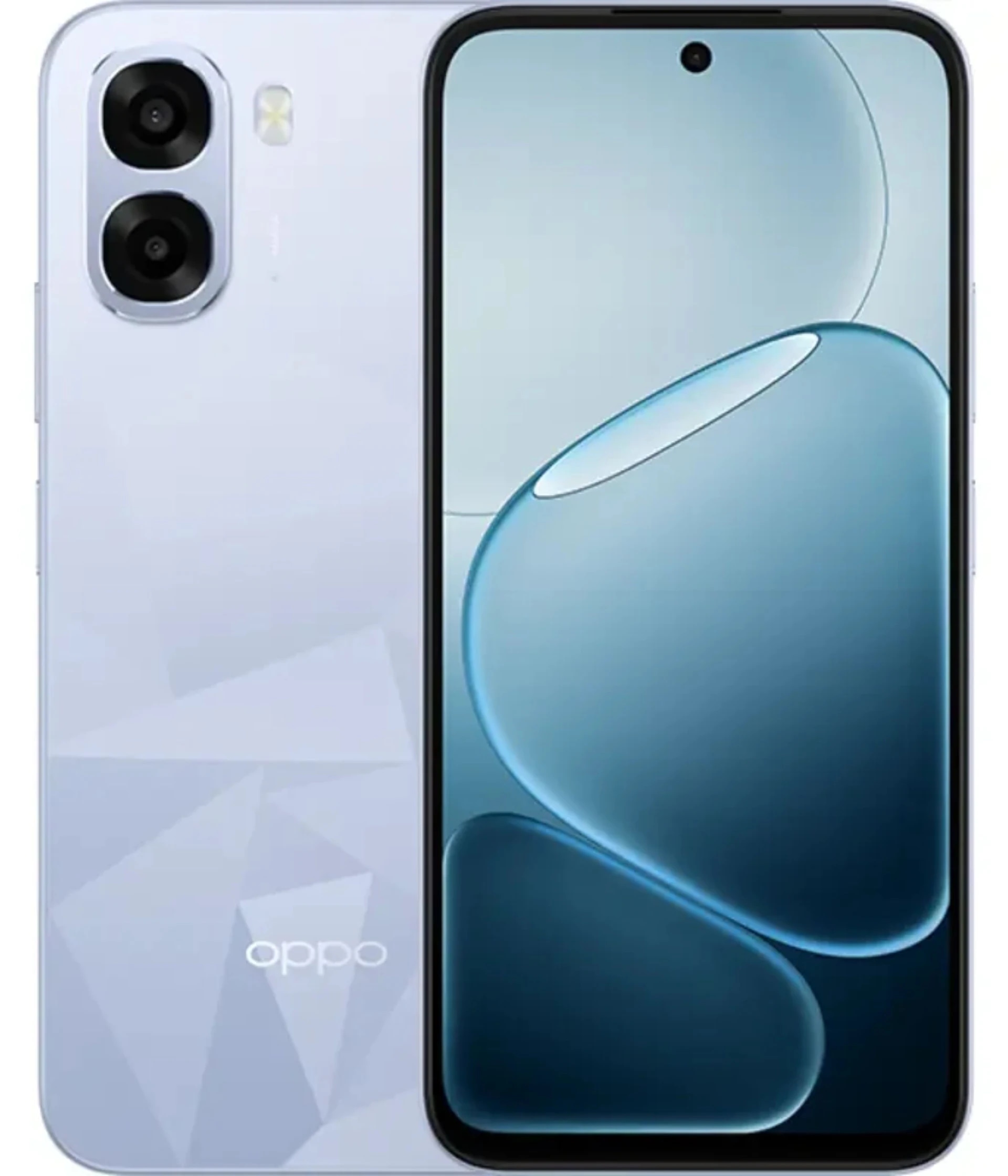 Oppo A6k smartphone in a sleek light blue color with a modern design. Features a dual-camera setup on the back and a large display with a punch-hole front camera. The device showcases a geometric pattern on the rear, enhancing its aesthetic appeal.