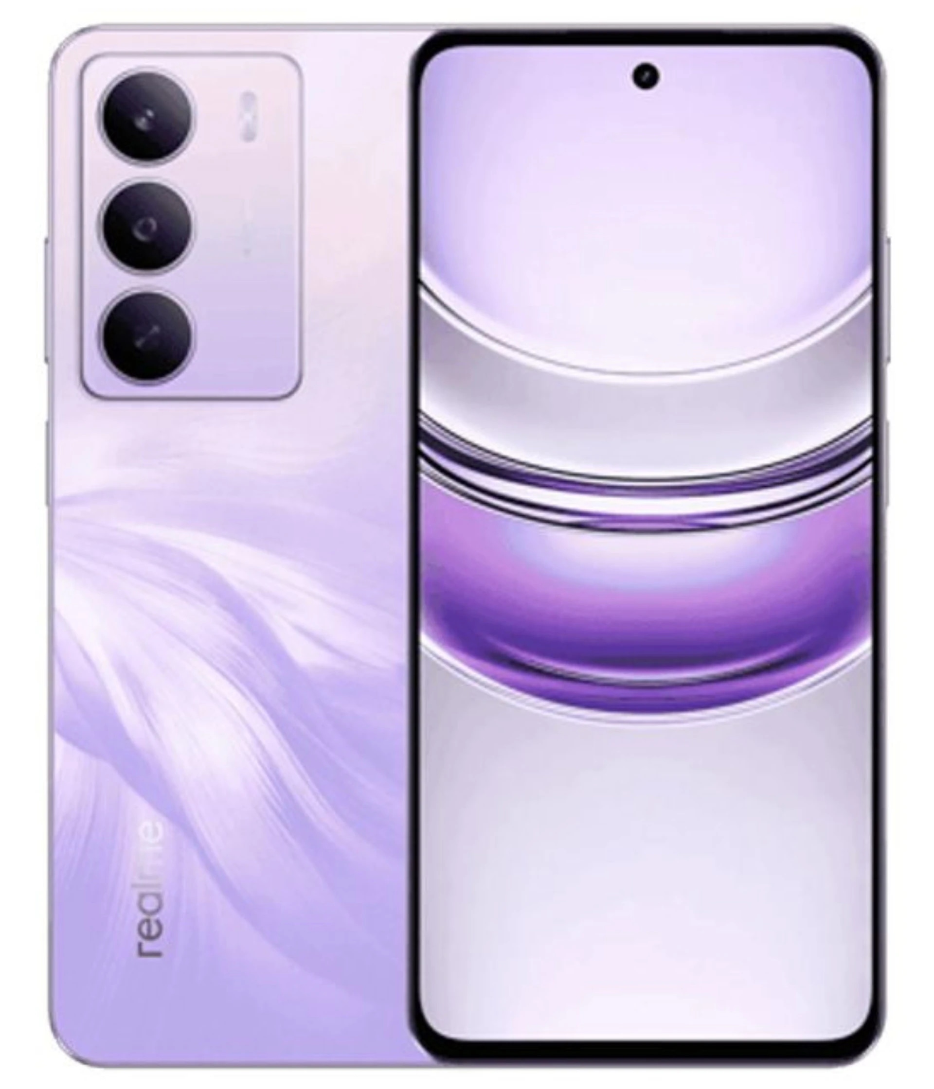 Realme C75 smartphone in a stunning lavender color with a sleek design. Features a triple camera setup on the back and a vibrant display showcasing a purple gradient. The device is shown from the front, highlighting its modern aesthetics.