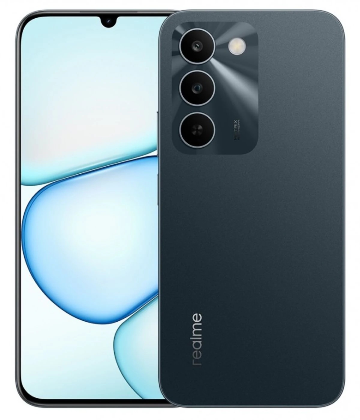 Realme C83 smartphone in dark blue color featuring a sleek design, triple rear camera setup, and a vibrant display with a waterdrop notch. The device showcases a modern aesthetic with a matte finish and rounded edges.