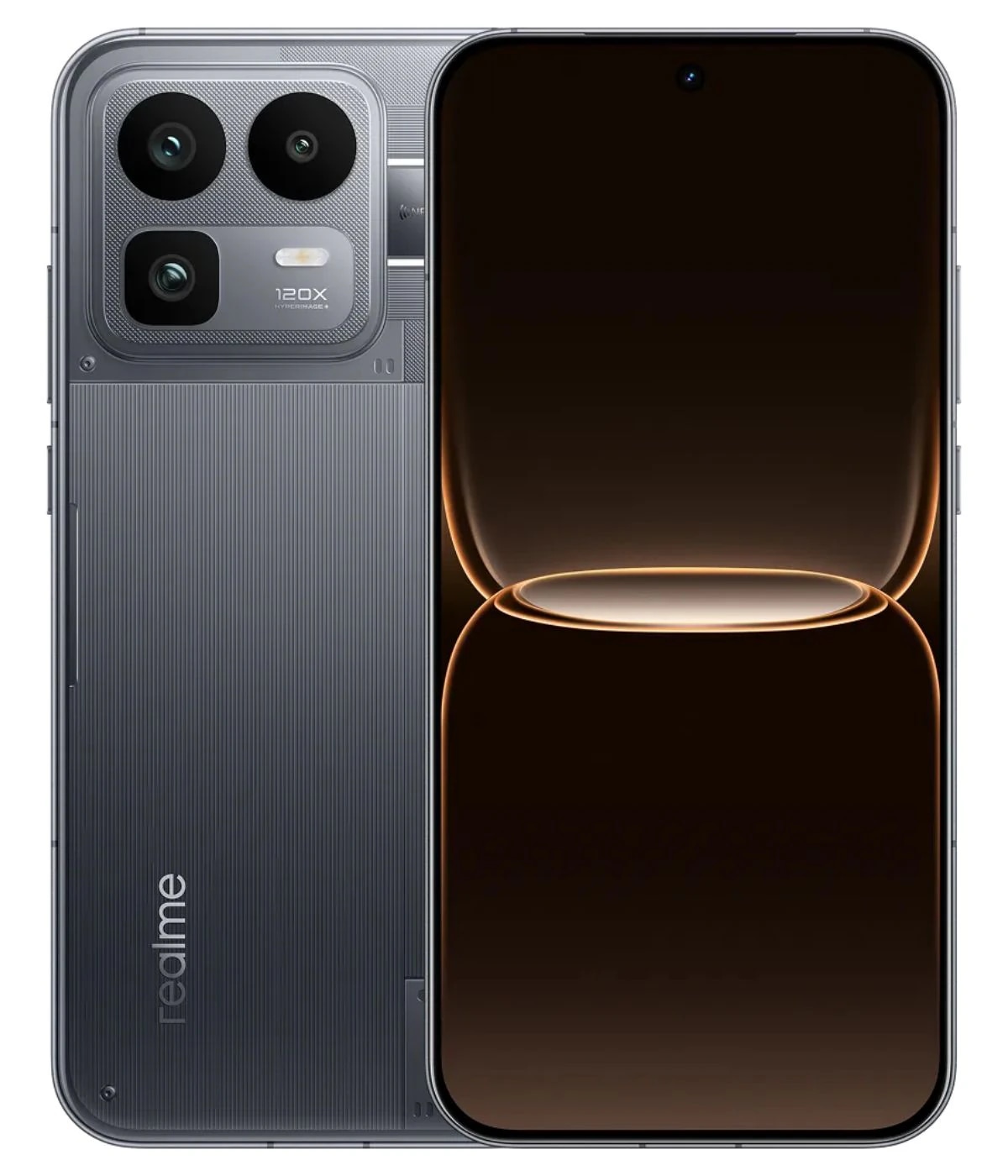 Realme Neo 8 smartphone in sleek gray design featuring a 120x zoom camera setup. The device showcases a modern front display with a minimal bezel and a centered front camera. Ideal for tech enthusiasts seeking high-performance features.
