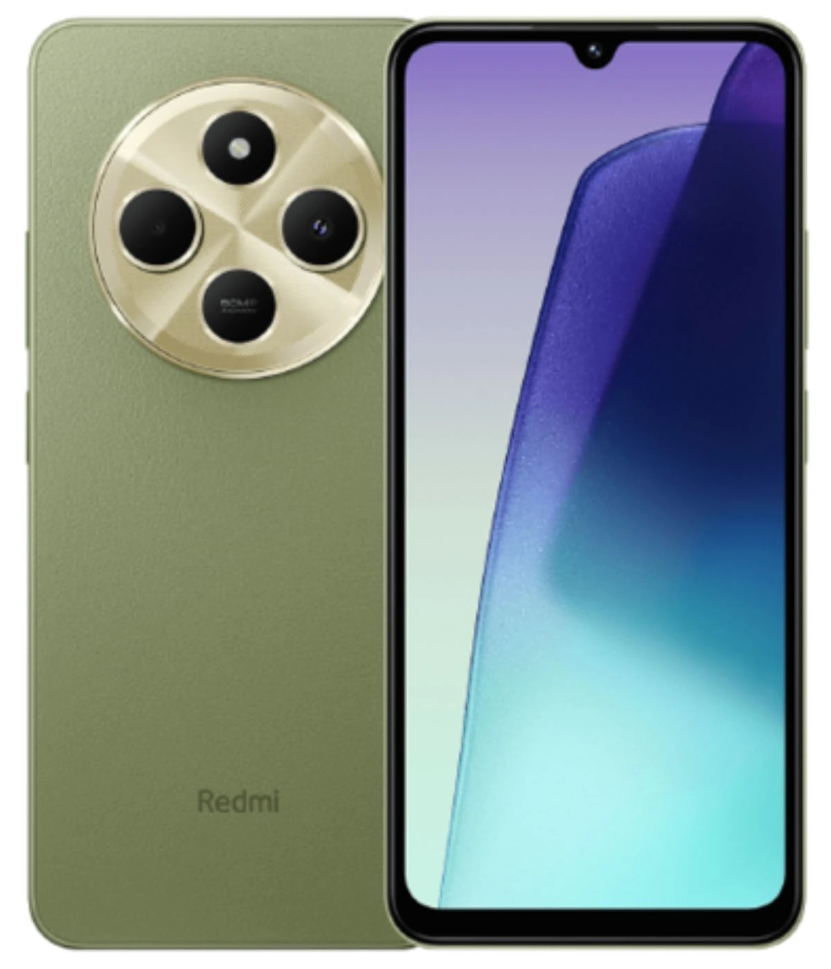 Redmi 14C smartphone in olive green color featuring a sleek design, a large display with a waterdrop notch, and a unique circular camera module with four lenses on the back. The brand name 'Redmi' is visible on the rear.