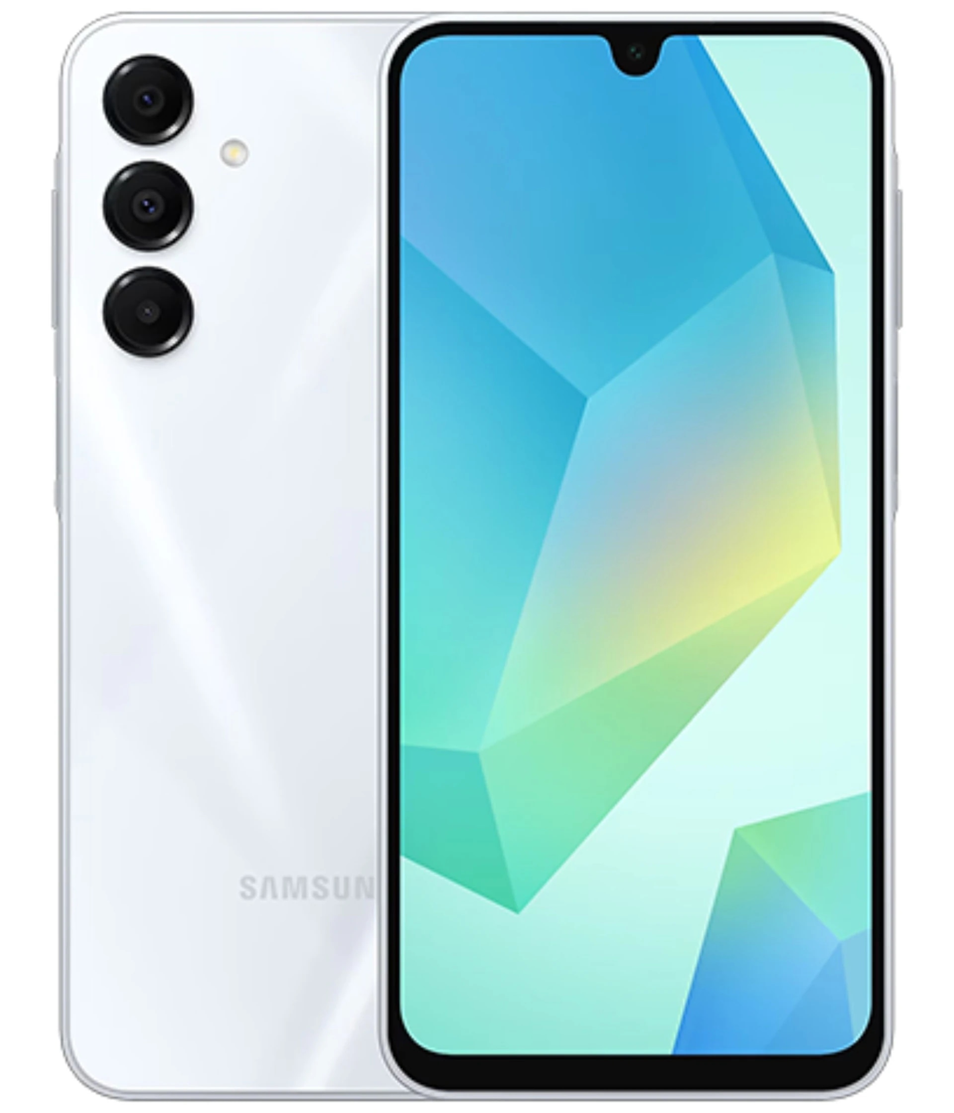Samsung A16 smartphone in sleek white finish, featuring a vibrant display with geometric patterns. The back showcases a triple camera setup, emphasizing its modern design. Ideal for tech enthusiasts seeking style and functionality.