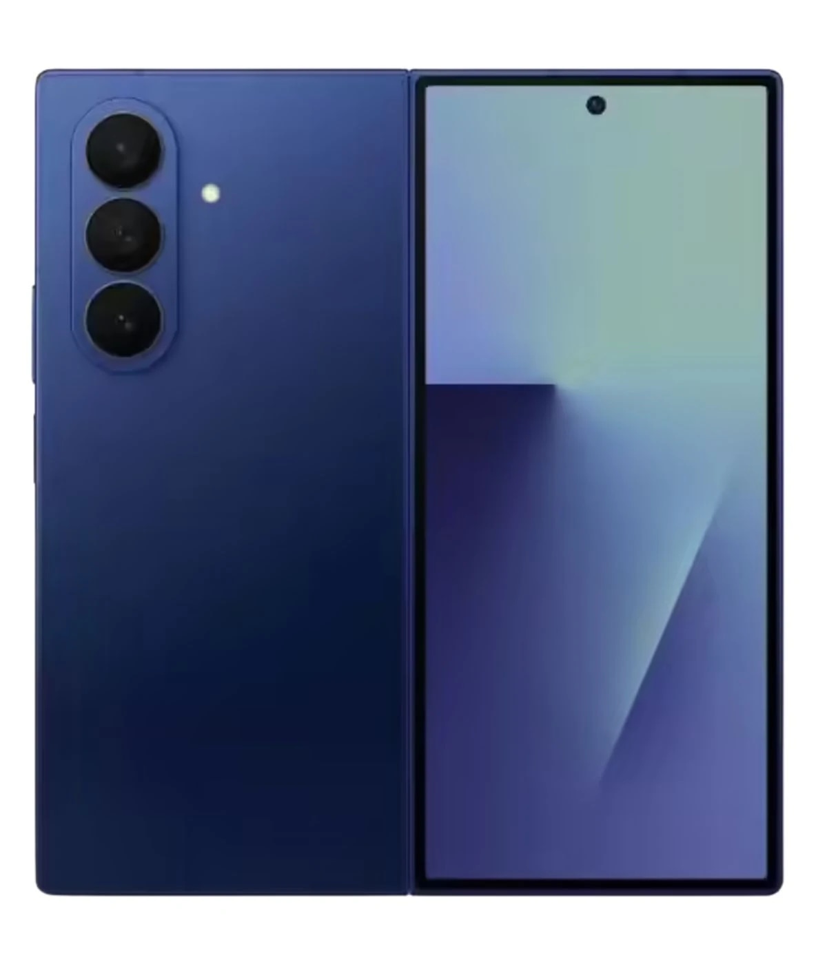 Samsung Galaxy Z Fold 8 in a sleek navy blue finish, showcasing a triple camera setup on the back and a large, vibrant display. The foldable smartphone features a modern design with a glass front and a smooth finish, ideal for tech enthusiasts.