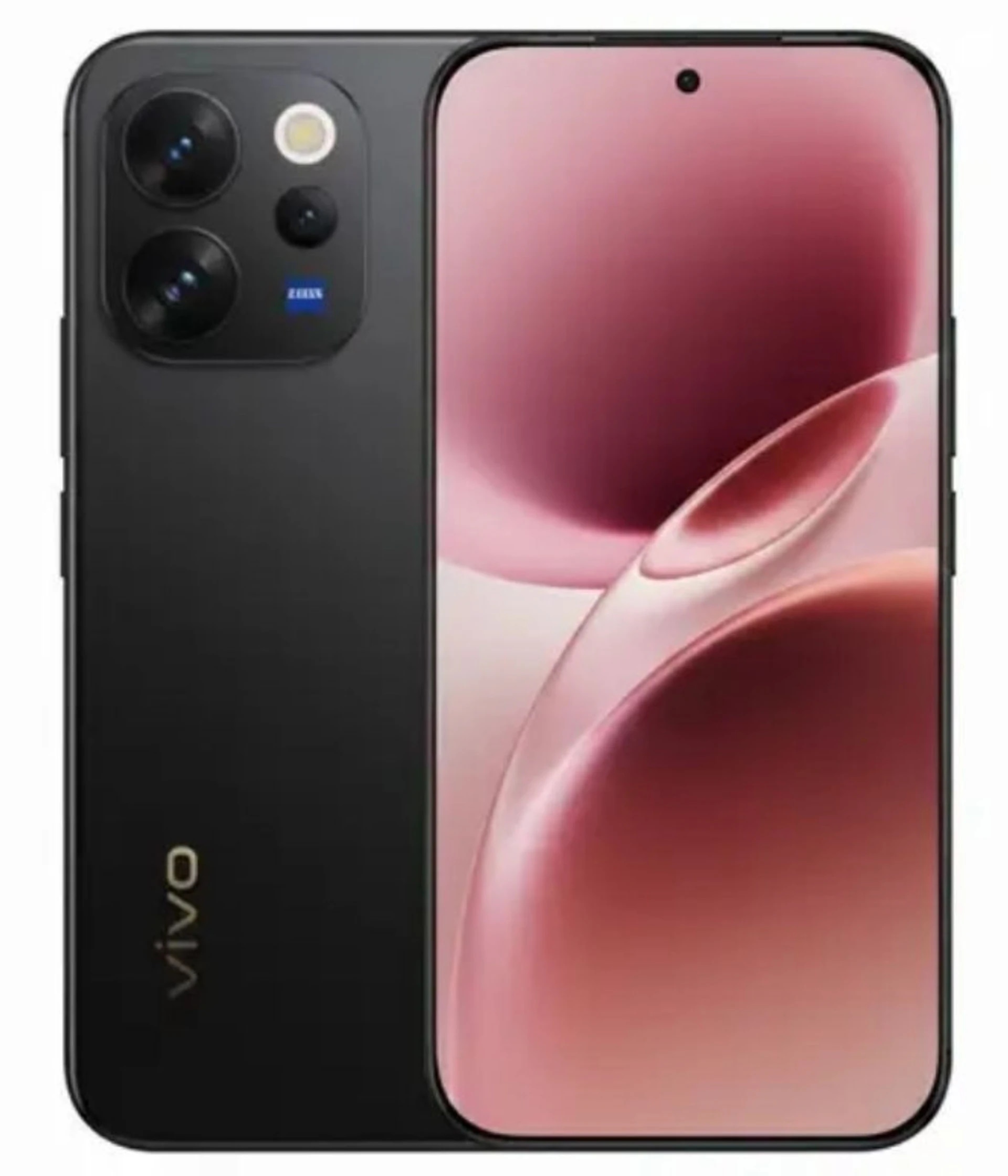Vivo V70 smartphone in sleek black design featuring a vibrant display with a pink gradient background. The device showcases a triple-camera setup with ZEISS optics, emphasizing modern technology and style.