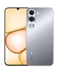 Realme C100i smartphone featuring a sleek silver finish, dual rear cameras, and a vibrant display with a waterdrop notch. The device showcases a modern design, perfect for tech enthusiasts.