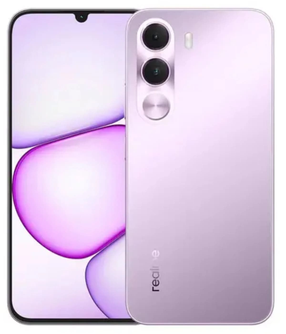 Realme C100i smartphone in a stylish lavender color featuring a dual-camera setup on the back and a vibrant display with rounded edges. The front showcases a sleek design with a waterdrop notch for the selfie camera.