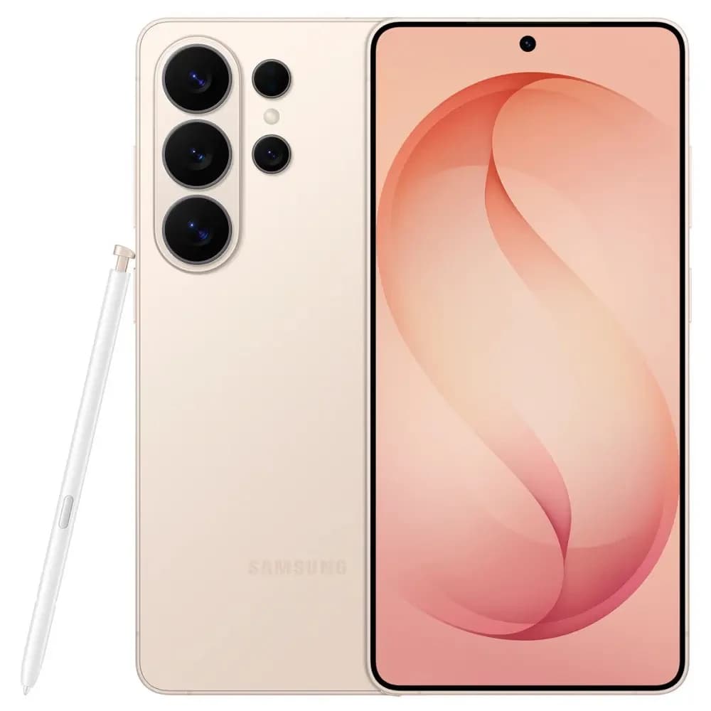 Samsung Galaxy S26 Ultra in Pink Gold with S Pen, featuring a sleek design, large display, and triple camera setup. The phone showcases a smooth, modern aesthetic with a light color palette against a plain background.