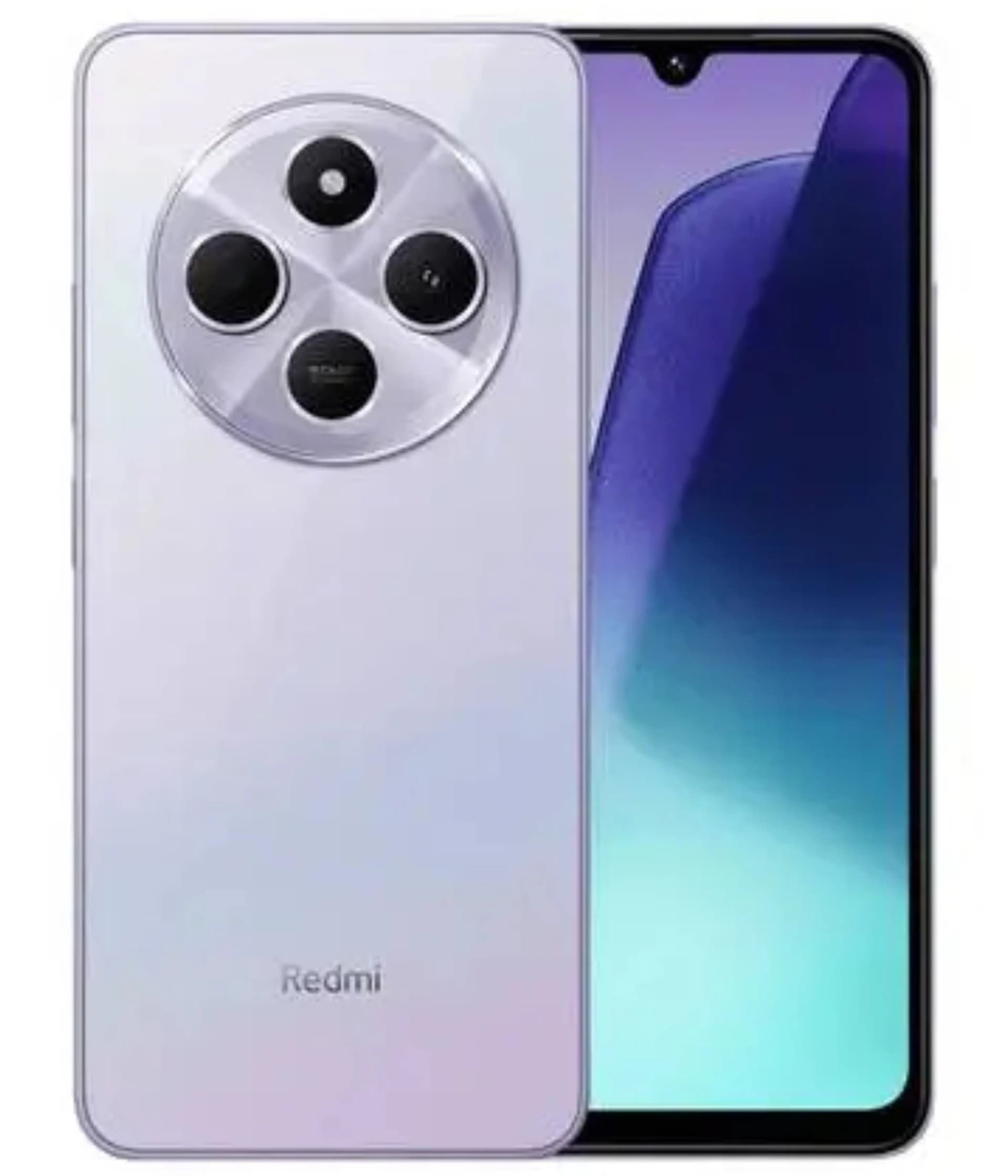 Xiaomi Redmi 16C smartphone featuring a sleek design with a glossy lavender back and a prominent circular camera module housing four lenses. The front displays a vibrant screen with a waterdrop notch, ideal for multimedia use.