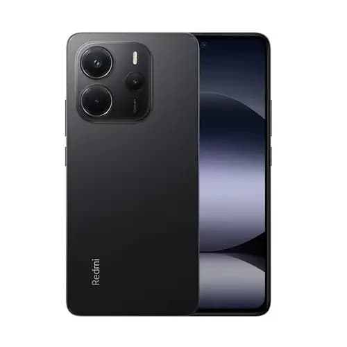 Xiaomi Redmi Note 14 smartphone in sleek black design, featuring a triple camera setup and a large display. The back showcases a smooth finish with the 'Redmi' logo prominently displayed. Ideal for tech enthusiasts seeking style and performance.