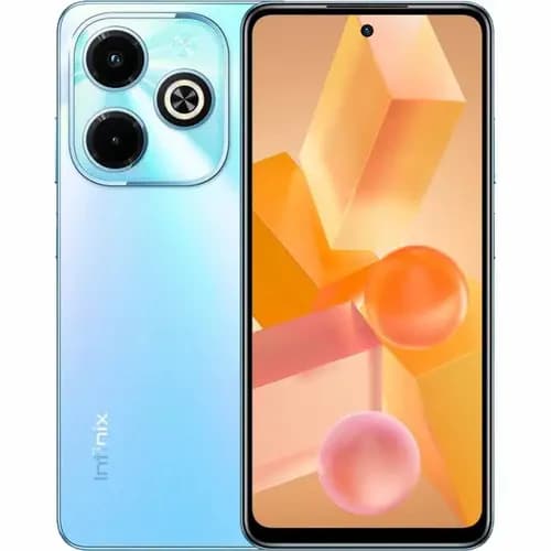 Infinix Hot 40i smartphone in a sleek light blue color featuring a dual-camera setup with three lenses, a vibrant display showcasing geometric shapes, and a modern design. Ideal for tech enthusiasts.