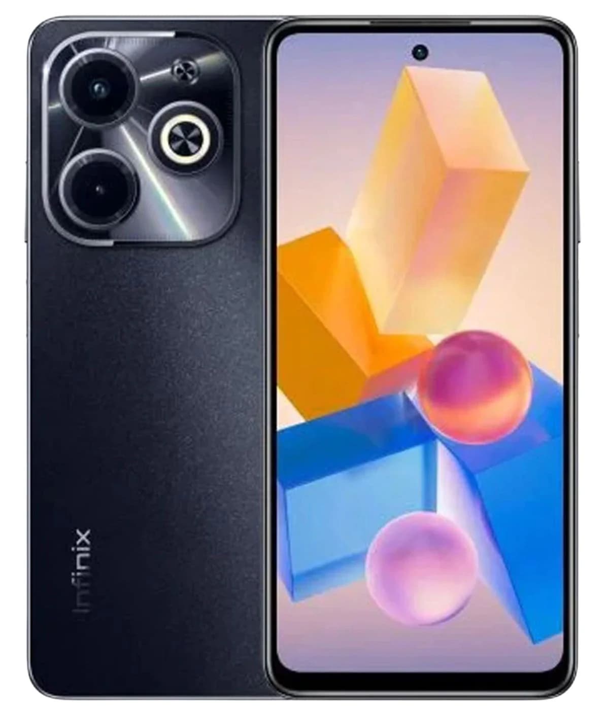 Infinix Hot 40i smartphone in sleek black design featuring a dual-camera setup with circular lenses. The display showcases vibrant geometric shapes in pastel colors, emphasizing its modern aesthetic.