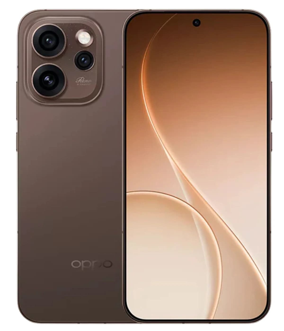 Oppo Reno 15 Pro smartphone in a sleek brown finish, featuring a stunning display with a centered front camera and a triple-camera setup on the back. The design is modern and elegant, perfect for tech enthusiasts.